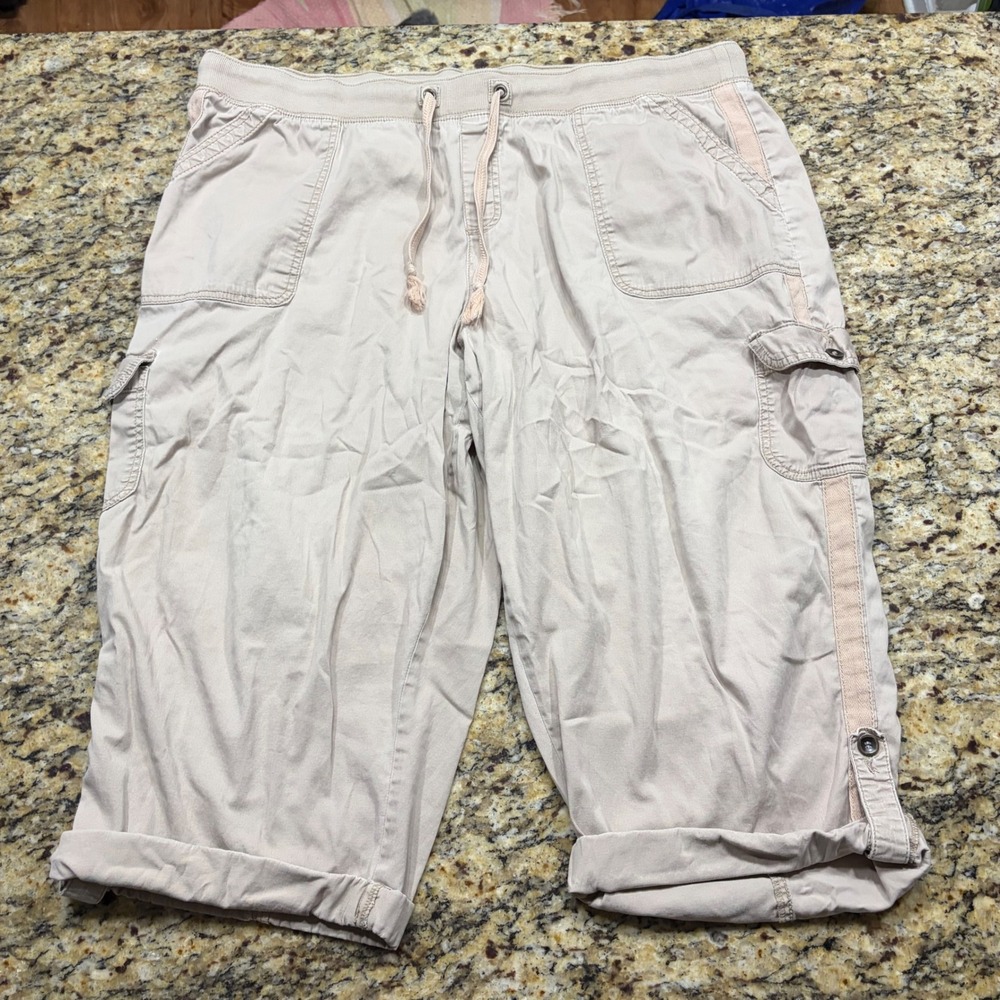 Terra & Sky Womens 2X Tan Cargo Capri Pants Elastic Waist Drawstring 20W-22W